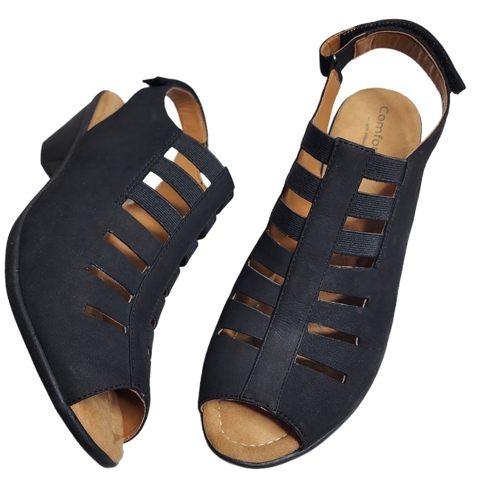 Comfortiva Faye Leather Black Heeled Cutout Sandals Shoes Women's Size 12